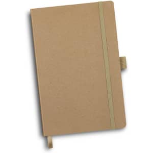 A brown notebook with a green elastic band closure, featuring a fabric ribbon bookmark and a simple design.