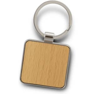 A square key ring featuring a wooden surface and a silver metal keychain attachment.