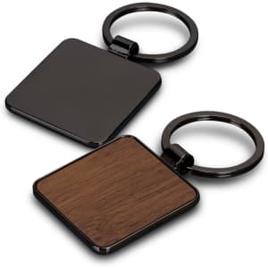 A square key ring with a black metal finish and a wooden insert, featuring a circular keychain attachment.