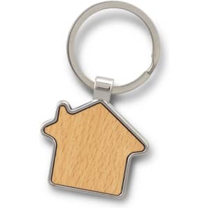 A house-shaped key ring with a wooden centre and a silver metal border. The key ring also has a circular attachment.