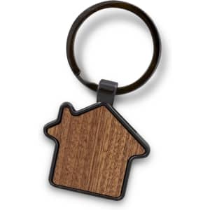 A house-shaped key ring featuring a wooden finish and a black metal ring. It has a simple, stylish design.