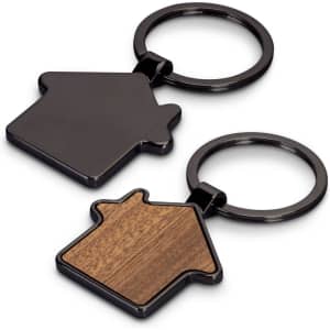 A house-shaped key ring featuring a black metal finish and a wooden accent, with a circular keychain attachment.