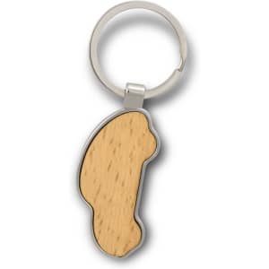 A car-shaped key ring featuring a wooden design and a silver metal keyring.