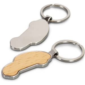 A car-shaped key ring with a shiny silver metal and wooden finish. It includes a keychain loop.
