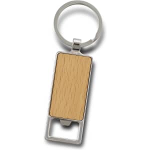 A drink bottle opener key ring featuring a silver metal finish with a beige wooden panel. It includes a circular keyring.