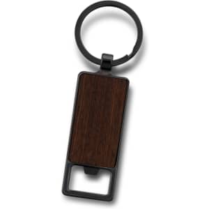 A drink bottle opener key ring featuring a sleek black metal design with a wooden centrepiece.