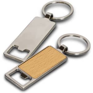 A drink bottle opener key ring with a silver metal finish and a wooden panel. It includes a logo on the surface.