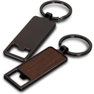 A drink bottle opener key ring with a sleek black metal finish and a wooden inlay on one side. Features a logo.