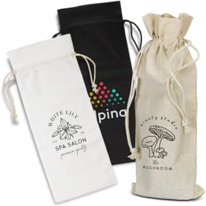 A set of three cotton drawstring bags in white, black, and natural hues, each with a logo or design.