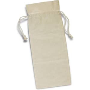 A cream cotton drawstring bag featuring a logo, designed to hold a wine bottle.