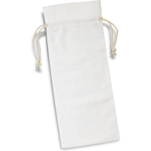 A cotton drawstring bag in white, featuring two drawstrings at the top and a plain surface. It has a logo.