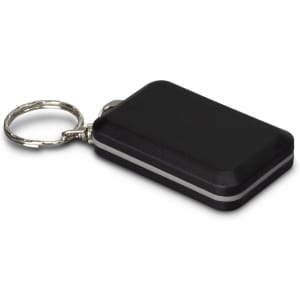 A black COB light key ring with a rectangular design and a metal keyring attachment. It has a sleek, minimalist appearance.