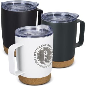 A drink bottle set featuring three vacuum mugs in black, white, and dark green with clear lids and cork bases.