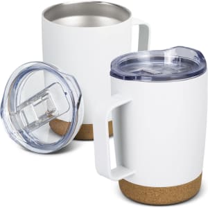 A drink bottle with a white body and cork base, featuring a clear lid and handle, shown with lid off.