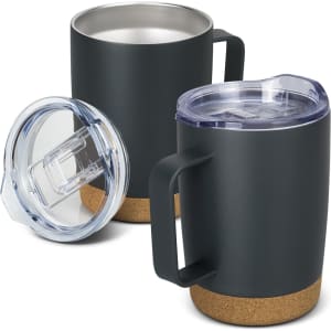 A drink bottle with a dark green exterior and a cork base, accompanied by a clear lid.