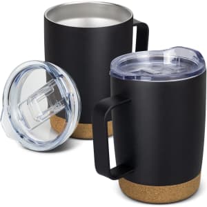 A vacuum mug with a black body, clear lid, and cork base, featuring a handle for easy grip.