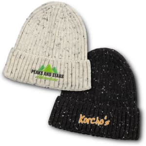 A pair of beanies, one cream with a logo and green text, and one black with orange text, both featuring a ribbed design.