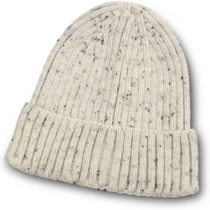 A cream beanie with a speckled design and a folded cuff, featuring a branded logo.
