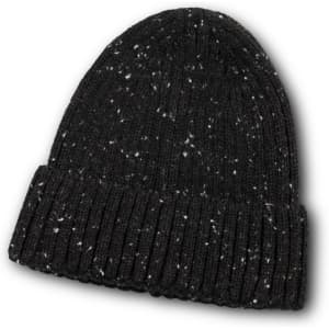 A black beanie with a speckled design and a rolled cuff, featuring a logo on one side.