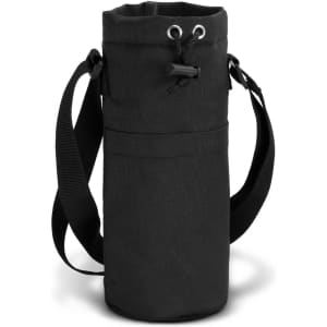 A drink bottle sling bag in black, featuring a drawstring closure and an adjustable strap. It has branding on the side.