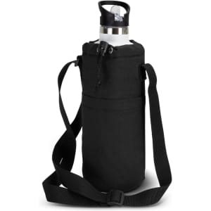A drink bottle in a black sling bag with an adjustable strap, designed for carrying beverages easily.