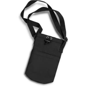 A drink bottle sling bag in black, featuring adjustable straps and a secure drawstring closure.