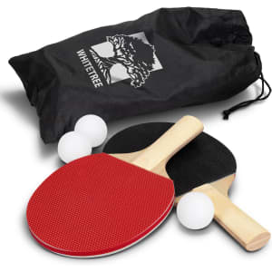 A portable table tennis set featuring red and black paddles, three white balls, and a black carry bag with a logo.