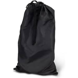 A black drawstring bag made of fabric, suitable for carrying sports equipment or accessories.