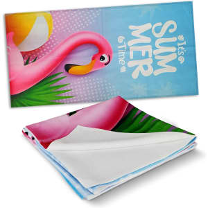 A full-colour beach towel featuring a pink flamingo and vibrant tropical elements. The towel has a soft, white underside.