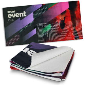 A full-colour gym towel in various hues, featuring a branded design and a soft, absorbent texture.