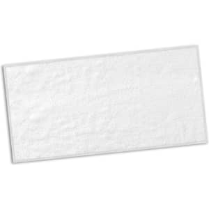 A white gym towel with a textured surface, featuring a neat border and a logo in one corner.