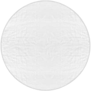 A round, full-colour beach towel in white with a textured surface, featuring a logo.