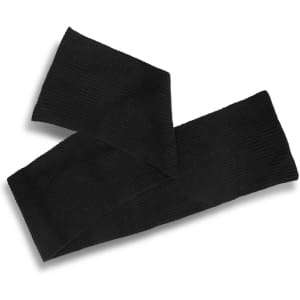 A black brushed scarf with a ribbed texture, featuring a logo on one side. Suitable as a clothing accessory.