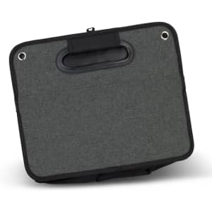 A grey trunk organiser with a handle and grommet holes, featuring a textured fabric design and a black trim.