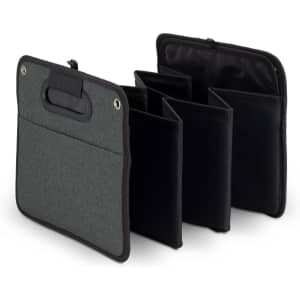 Avera Trunk Organiser in grey and black, featuring a handle and multiple compartments for storage.