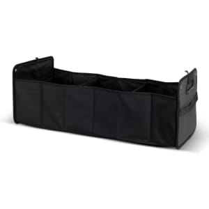 A black and grey trunk organiser featuring multiple compartments and a handle for easy carrying.