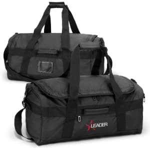 A black 50L duffle bag with dual handles and a shoulder strap, featuring a logo on one side.