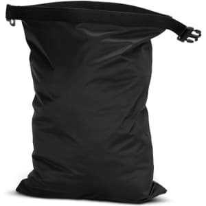A black lightweight dry bag with a top strap and a secure closure. It has a simple design and features a logo.
