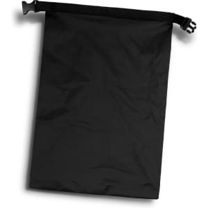 A black lightweight dry bag with a roll-top closure and a buckle clip. It has a textured surface.