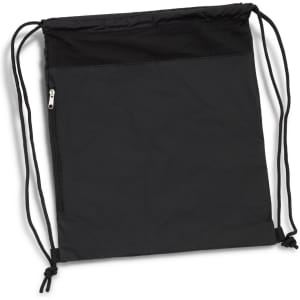 A black drawstring backpack featuring a zippered front pocket and adjustable straps. It has a simple, minimalist design.