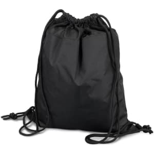 A black drawstring backpack with a cinched top and cords, featuring a logo.