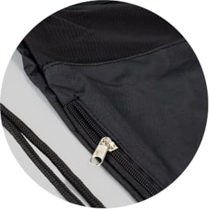 A black drawstring backpack with a zippered pocket and textured fabric detail, featuring matching black cords.