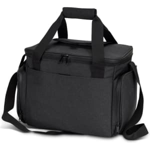 A dark grey cooler bag with a zippered top, adjustable shoulder strap, and sturdy handles. Features a logo.