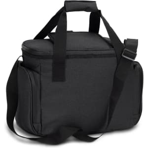 A black cooler bag with a top handle and adjustable shoulder strap, featuring a sleek design and storage compartments.