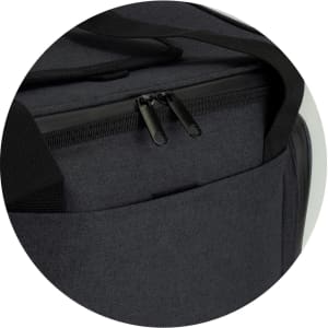 A black cooler bag with a zippered opening and a front pocket, featuring a sturdy handle and branding.
