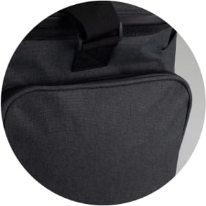 A grey cooler bag featuring a front pocket and a sturdy strap, designed for carrying beverages or food items.