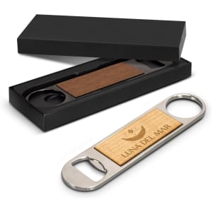 A drink bottle opener featuring a stainless steel body and a wooden insert, presented in a sleek black gift box.