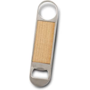 A drink bottle opener with a stainless steel finish and a wooden panel in the centre. It features a logo.