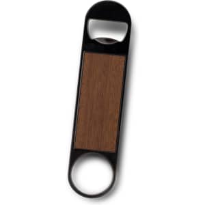 A drink bottle opener in black and wood with a circular end and a logo.