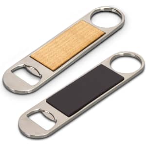 A drink bottle opener in silver metal with a wooden and black rubber grip. It features a magnet on the back.